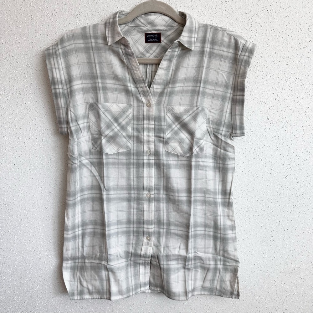 UNTUCKit Villefranche Plaid Cuffed Cap Sleeve Flannel Shirt Sz 2 Gray White
